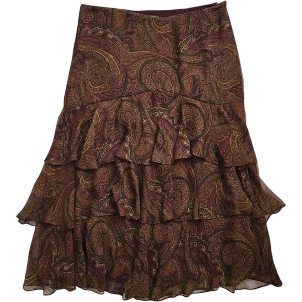 Lauren Ralph Lauren Womens Brown Paisley Ruffle Silk Boho Fairy Maxi Skirt 10
